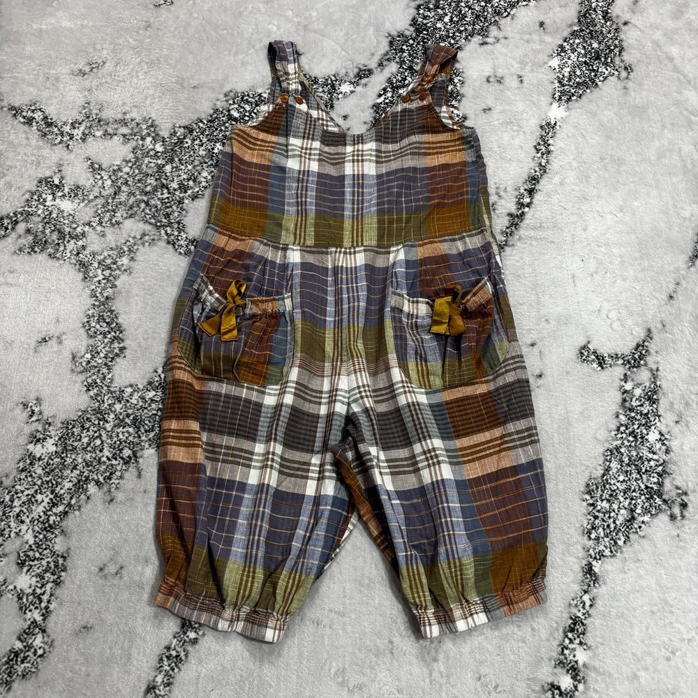 Michel Sport Womens Size M Plaid Cotton Cropped Overalls Bow Pockets Multicolor
